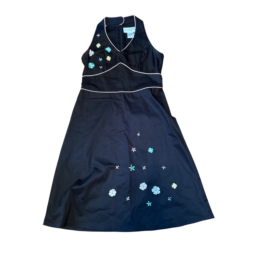 Retro Pin Up Style Black Dress with Floral Embroidery Size 6